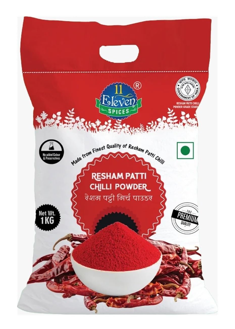11 ELEVEN SPICES Resham Patti Chilli Powder - Pure & Natural Indian Red Chili Powder | Mild Heat & Vibrant Red Color | Masala for Curries, Tandoori, Pickles & Indian Cooking - 1 kg