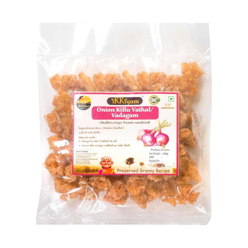 Ikkiyam Sun Dried Shallot (Onion/Vengayam) Vathal | Traditional Vadagam Crunchy Snack | Gluten-Free and 100% Natural | Friams 100g Pack | Healthy and Tasty South Indian Ingredient