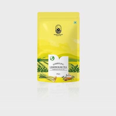 Happy Valley Organic Darjeeling Lemongrass Black Tea | Refreshing Herbal Flavor & Taste | Handpicked Loose Leaf with Lemongrass | Premium Wellness Brew | Serves 70 Cups | 100g Standup Pouch