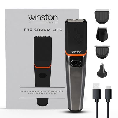 Winston Groom Lite 4 in 1 Grooming Set for Men with 7 Length Attachment Comb, Fast Charging Face, Ear, Nose, Beard, Body Hair Trimmer for Men