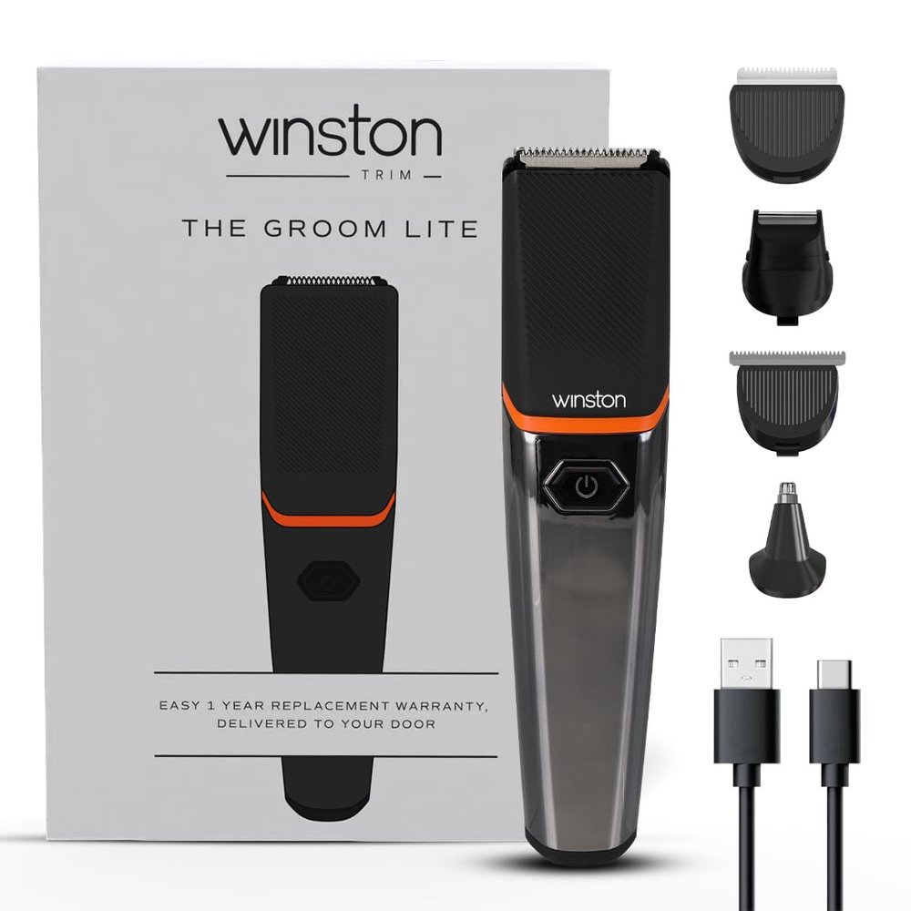Winston Groom Lite 4 in 1 Grooming Set for Men with 7 Length Attachment Comb, Fast Charging Face, Ear, Nose, Beard, Body Hair Trimmer for Men