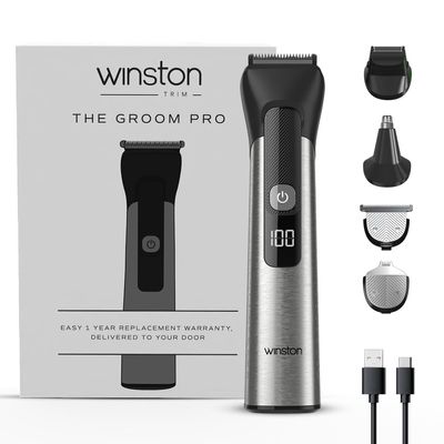 Winston Groom Pro 5 in 1 Grooming Set for Men with 14 Length Attachment Comb, Digital Display, Pedestal, Fast Charging Face, Ear, Nose, Beard, Body Hair Trimmer for Men
