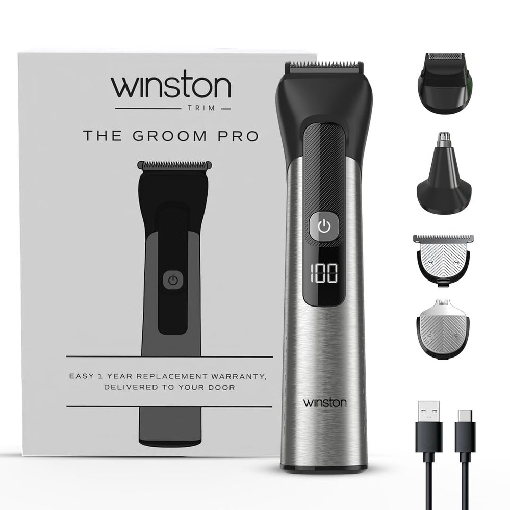 Winston Groom Pro 5 in 1 Grooming Set for Men with 14 Length Attachment Comb, Digital Display, Pedestal, Fast Charging Face, Ear, Nose, Beard, Body Hair Trimmer for Men