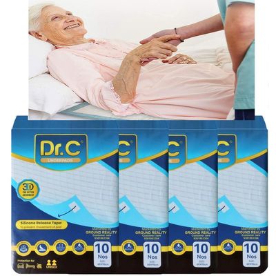 Dr C Disposable Underpad Bed Changing Pad for Adults Elders Patients Baby Incontinence pad with 4 Non Slip Tape Soft Superior Absorbency Leak Proof Hypoallergenic Underpad, 10 Sheets 60x90 Large