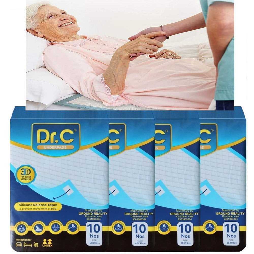 Dr C Disposable Underpad Bed Changing Pad for Adults Elders Patients Baby Incontinence pad with 4 Non Slip Tape Soft Superior Absorbency Leak Proof Hypoallergenic Underpad, 10 Sheets 60x90 Large