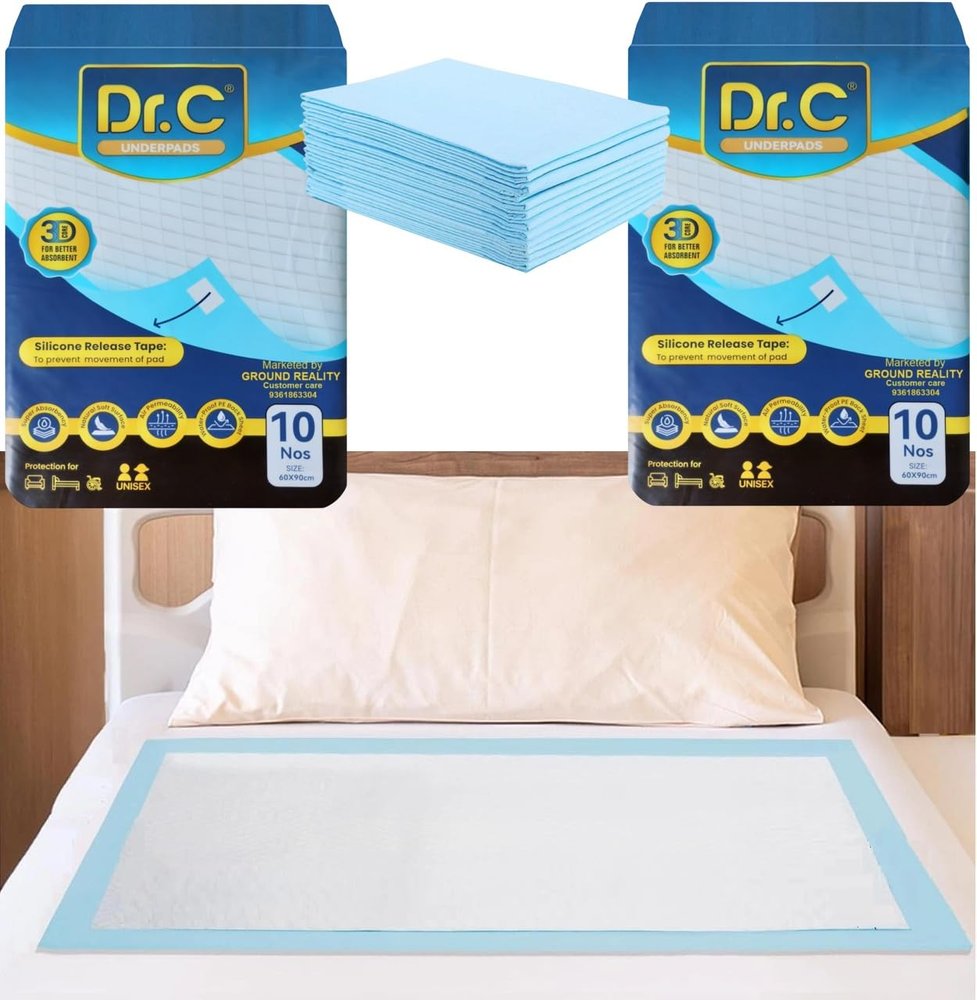 Dr C 3D Core Premium Disposable Underpad Bed Pad Mat 60x90 Large Sheet for Adults Elders Patients Baby- Diaper Changing Urinary Under Pads Superior Absorbency with 4 Non Slip Tape (1 Pack 10 Sheets)