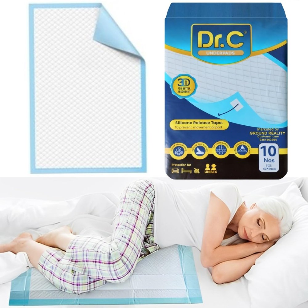 Dr C 60X90 Large Disposable Underpad Bed Pad Changing Mat Pad for Baby Adults Elders - Superior Absorbency, Urinary Incontinence Diaper Changing UnderPads with 4 Non Slip Tape (Pack of 10 Under Pads)