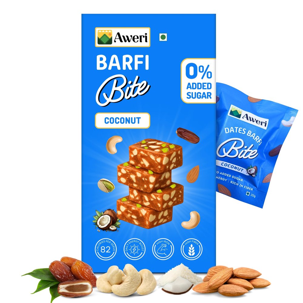 Aweri Coconut Dates Barfi Bites | No Added Sugar Dry Fruit Sweet | 18 Pcs 360g | Healthy Snack Made with Dates & Almonds, Cashews, Ghee | High Iron & Fiber | Daily Energy Boost | On-the-Go Snack