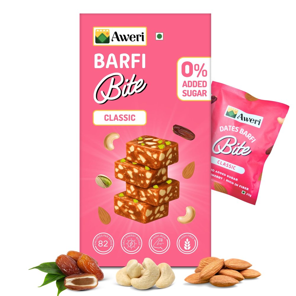 Aweri Classic Dates Barfi Bites - (360g 18 Pcs) | No Added Sugar Dry Fruit Barfi | Healthy Snack Made with Dates & Almonds, Cashews, Ghee | High Iron & Fiber | Date Chikki | On-the-Go Snack