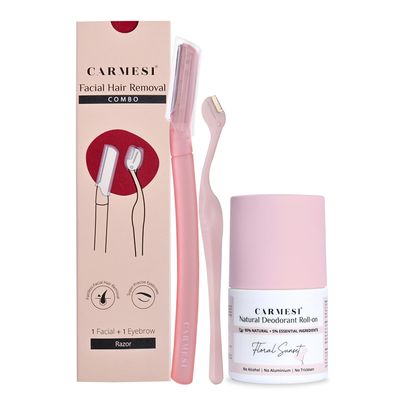 Carmesi Facial Hair Removal Combo | 1 Face Razor + 1 Eyebrow Razor & Underarm Roll On Deodorant for Women - Floral Sunset (50 ml) | Instant & Painless Hair Removal | For Fresh Underarms All Day