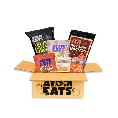 Atom Eats | Munch Masters Gift Hamper (6 Premium Snacks) | Assorted Salted & Korean BBQ Pretzels, Cheese Spinkled Banana Chips, Spicy Dynamite and Cheese Sprinkled Peanuts, Brownie Nachos | Premium Gifting | Imported Quality Snacks | 400g