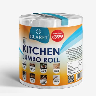 Claret Kitchen Jumbo Towel Tissue Paper Roll Napkin 300 Pulls Each Roll | Soft & Highly Absorbent | 100% Natural | 2 Ply | Pack of 1 Roll | Ideal For Cleaning Kitchen Accesssories Microwave & OTG
