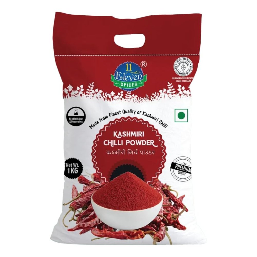 11 ELEVEN SPICES Kashmiri Red Chilli Powder 1 kg - Mild Spice, Rich Color - Natural, Sun-Dried, Finely Ground Lal Mirch for Indian Cooking, Curries, Tandoori & Marinades
