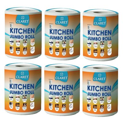 Claret Kitchen Jumbo Towel Tissue Paper Roll Napkin 300 Pulls Each Roll | Soft & Highly Absorbent | 100% Natural | 2 Ply | Pack of 6 Roll | Ideal For Cleaning Kitchen Accesssories Microwave & OTG