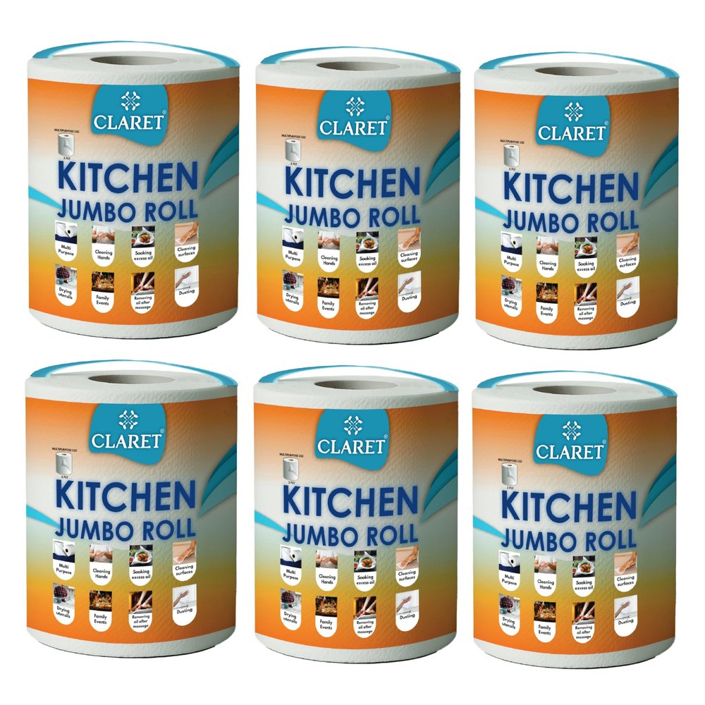 Claret Kitchen Jumbo Towel Tissue Paper Roll Napkin 300 Pulls Each Roll | Soft & Highly Absorbent | 100% Natural | 2 Ply | Pack of 6 Roll | Ideal For Cleaning Kitchen Accesssories Microwave & OTG
