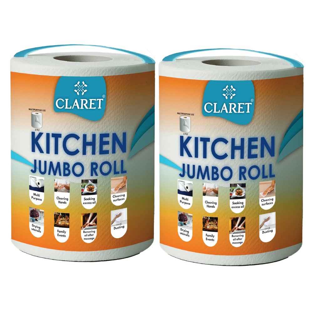 Claret Kitchen Jumbo Towel Tissue Paper Roll Napkin 300 Pulls Each Roll | Soft & Highly Absorbent | 100% Natural | 2 Ply | Pack of 2 Roll | Ideal For Cleaning Kitchen Accesssories Microwave & OTG