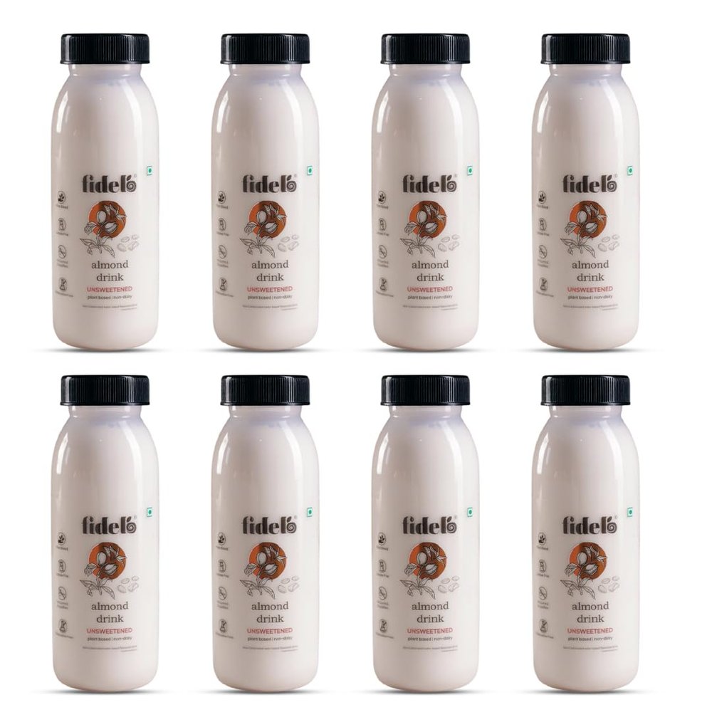Fidelo Almond Drink | Unsweetened | PP Bottle | Pack of 8 | Free from Gums and Emulsifiers | Lactose Free | Soya Free | Zero cholesterol | No Added Preservatives | 200 ml each