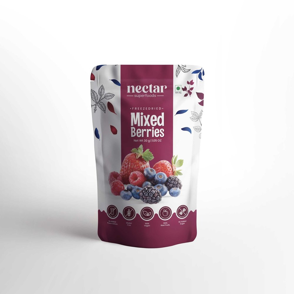Nectar Superfoods Freeze-Dried Mixed Berries  5-in-1 Healthy Berry Snack with Blueberry, Raspberry, Cranberry, Mulberry & Strawberry  Crunchy Vegan Trail Mix for Adults (30g)