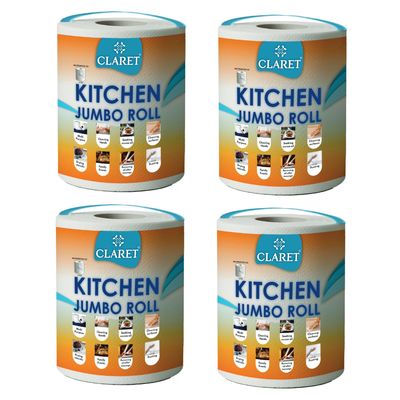Claret Kitchen Jumbo Towel Tissue Paper Roll Napkin 300 Pulls Each Roll | Soft & Highly Absorbent | 100% Natural | 2 Ply | Pack of 4 Roll | Ideal For Cleaning Kitchen Accesssories Microwave & OTG