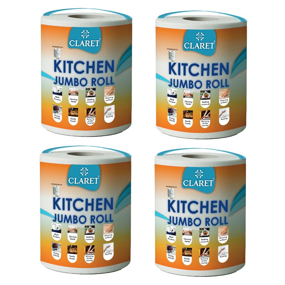 Claret Kitchen Jumbo Towel Tissue Paper Roll Napkin 300 Pulls Each Roll | Soft & Highly Absorbent | 100% Natural | 2 Ply | Pack of 4 Roll | Ideal For Cleaning Kitchen Accesssories Microwave & OTG