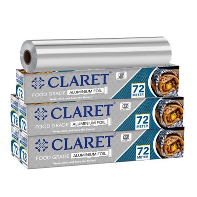 Claret Aluminium Foil 72 Meter | Food-Grade, Extra Strong & Durable | Retains Freshness & Keeps Food Warm | Ideal for Wrapping, Baking, Grilling & Storing Food (Pack of 5)