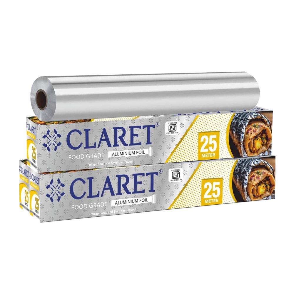 Claret Aluminium Foil 25 Meter | Food-Grade, Extra Strong & Durable | Retains Freshness & Keeps Food Warm | Ideal for Wrapping, Baking, Grilling & Storing Food (Pack of 3)