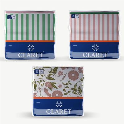 Claret 2-Ply Printed Table Napkins, Multi Design and Colors, 50 Sheets per Pack, Pack Of 3, 30x30 cm - Soft, Absorbent, Napkins for Daily Use, Dining, Parties, Events and Special Occasions