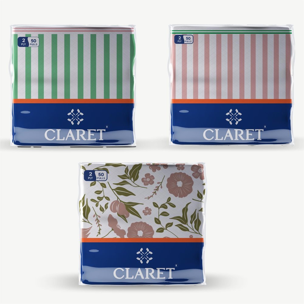 Claret 2-Ply Printed Table Napkins, Multi Design and Colors, 50 Sheets per Pack, Pack Of 3, 30x30 cm - Soft, Absorbent, Napkins for Daily Use, Dining, Parties, Events and Special Occasions