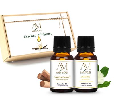 Aadi Mool Jasmine & Sandalwood Essential Oil For Pooja, Skin, Hair, Diffuser & Aromatherapy Pack of 2-10ML Each