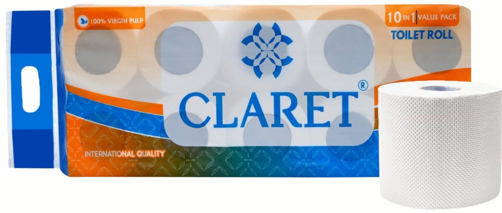 Claret Virgin Pulp Toilet Rolls 2-Ply (10 x 10 cm) 200 Pulls per Roll | Pack of 10 | OBA-Free, Skin-Friendly & Ultra Comfort Quilted Bathroom Tissue for Family Care