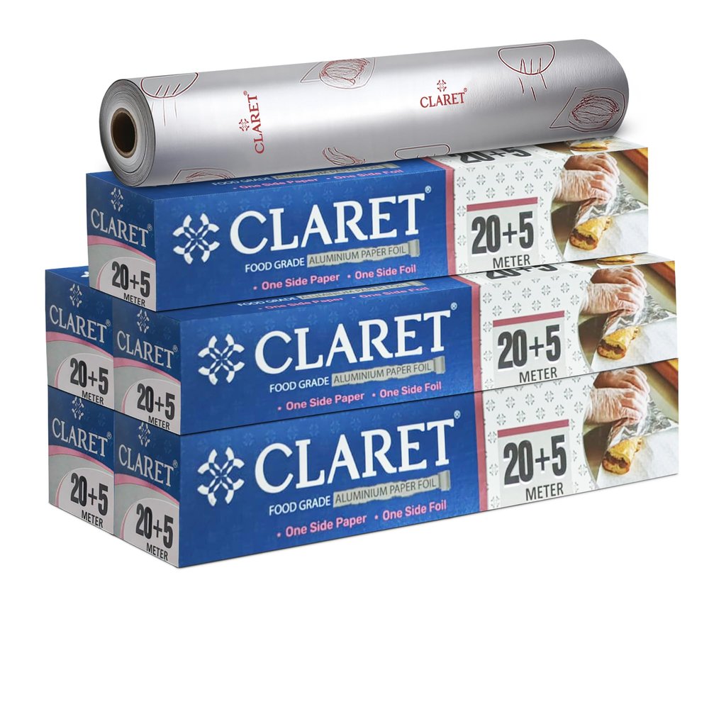 Claret 2 in 1 Aluminium Foil & Paper Roll for Food Wrapping | Wrap Roti & Fresh Kitchen Food Essential | Keep Food Warm | Non Stick | 20+5 M Length | Pack of 5