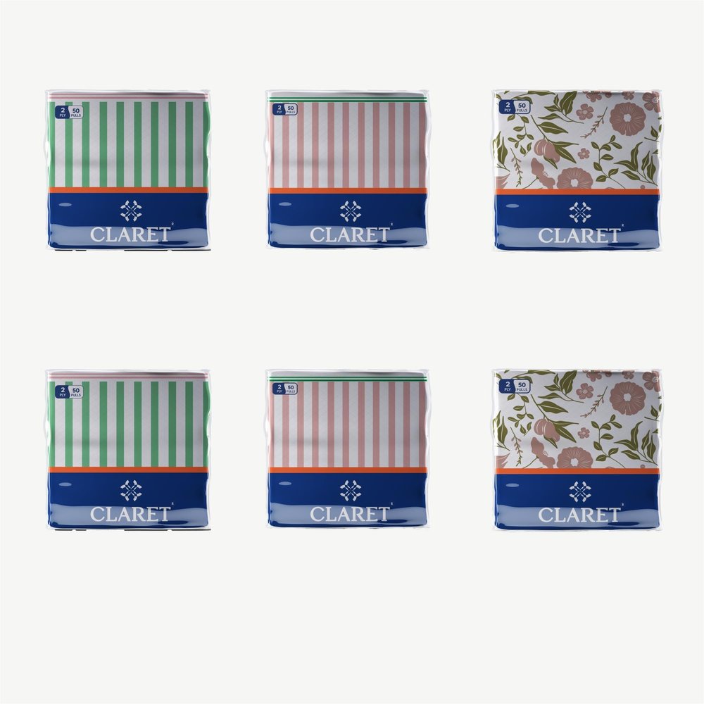 Claret 2-Ply Printed Table Napkins, Multi Design and Colors, 50 Sheets per Pack, Pack Of 6, 30x30 cm - Soft, Absorbent, Napkins for Daily Use, Dining, Parties, Events and Special Occasions