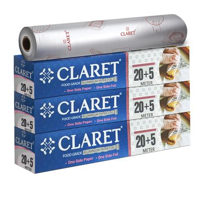 Claret 2 in 1 Aluminium Foil & Paper Roll for Food Wrapping | Wrap Roti & Fresh Kitchen Food Essential | Keep Food Warm | Non Stick | 20+5 M Length | Pack of 3