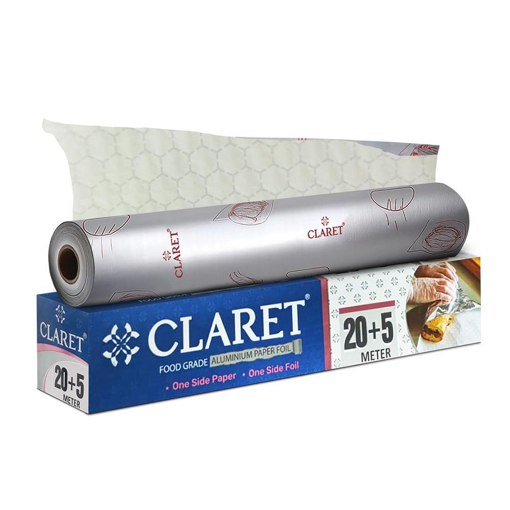 Claret 2 in 1 Aluminium Foil & Paper Roll for Food Wrapping | Wrap Roti & Fresh Kitchen Food Essential | Keep Food Warm | Non Stick | 20+5 M Length | Pack of 1