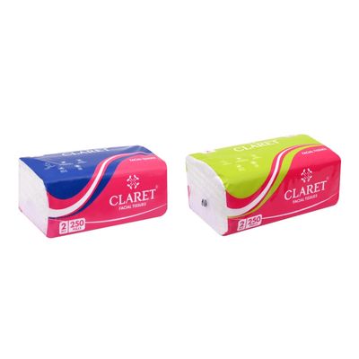 Claret 2-Ply Facial Tissue | Makeup Removal Tissue Wipes | Tissue Paper For Office Desk | Car Accessories | 250 Pulls Super Soft & Highly Absorbent | Pack of 2