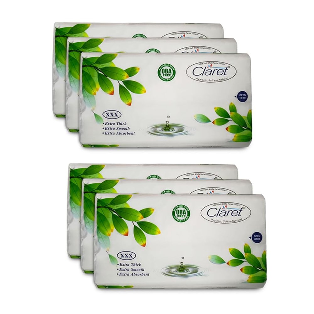 Claret Ultra Soft 2-Ply White Facial Tissues | 100 Pulls | Pack Of 6 | Skin-Friendly & OBA-Free | (18 x 20 cm)