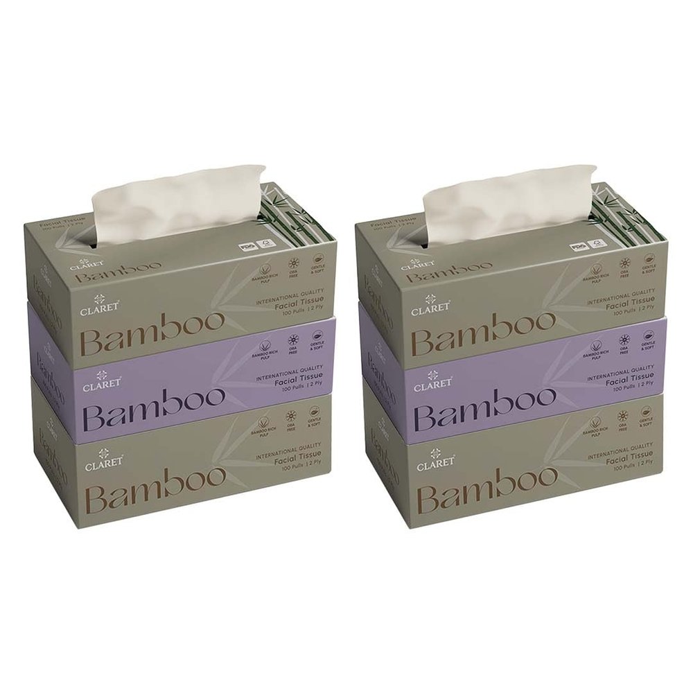 Claret Bamboo 2-Ply (18 x 20 cm) Facial Tissue | 100 Pulls | Bamboo Rich Pulp | OBA Free | Gentle & Soft (Pack Of 6)