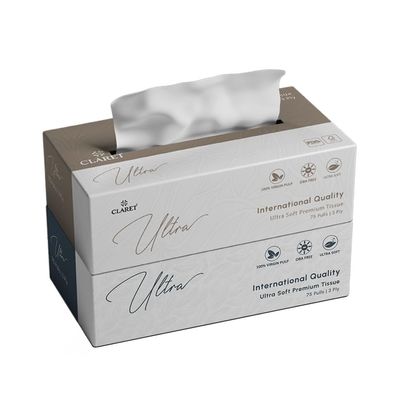 Claret Ultra Soft 3-Ply (18 x 20 cm) Facial Tissue | 75 Pulls | 100% Virgin Pulp | OBA Free (Pack Of 2)