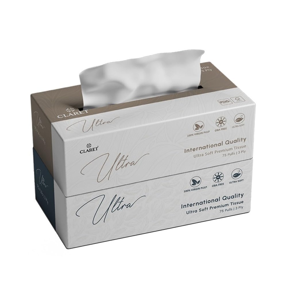 Claret Ultra Soft 3-Ply (18 x 20 cm) Facial Tissue | 75 Pulls | 100% Virgin Pulp | OBA Free (Pack Of 2)