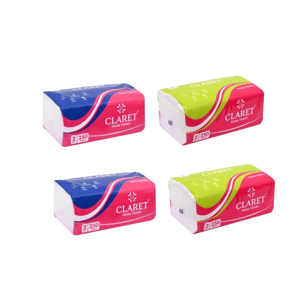 Claret 2-Ply Facial Tissue | Makeup Removal Tissue Wipes | Tissue Paper For Office Desk | Car Accessories | 250 Pulls Super Soft & Highly Absorbent | Pack of 4