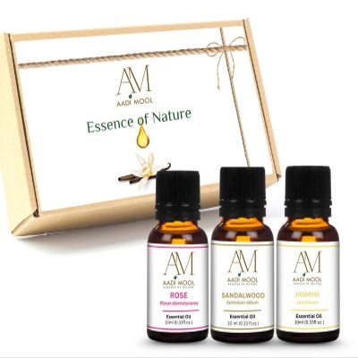 Aadi Mool Sandalwood, Jasmine & Rose Oil Combo Pack of 3 (10ml Each) | Essential Oil for Face, Skin, Hair, Aromatherapy & Massage | Chandan, Jasmine and Rose Oil for Diffuser & Pooja