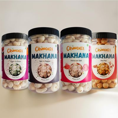 Crunches Roasted Makhana Combo (4 x 80g) 4 Flavours | Himalayan Salt, Peri Peri, Salt & Pepper, Cream & Onion | Healthy Fox Nut Snack | Olive Oil Roasted | Protein-Rich, Low Calorie