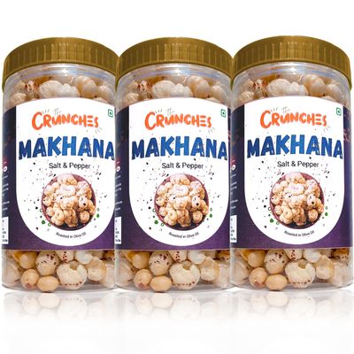 Crunches Roasted Makhana (3 x 80g) Salt & Pepper | Olive Oil Roasted Fox Nuts | Crunchy Vegan Snack | Low Fat, High Protein, Gluten-Free | Pocket-Size Healthy Munchies