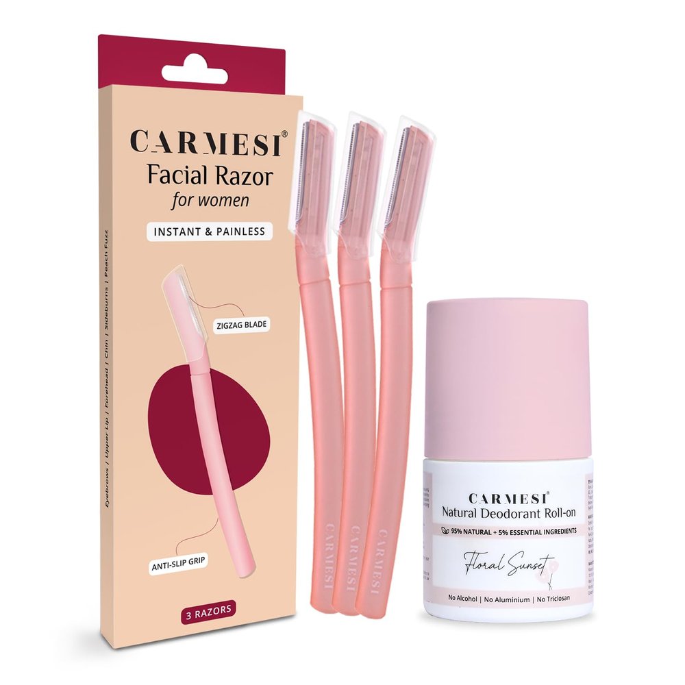 Carmesi Facial Razor - Pack of 3 & Underarm Roll On Deodorant for Women - Floral Sunset (50 ml) | Instant & Painless Hair Removal | For Fresh Underarms All Day