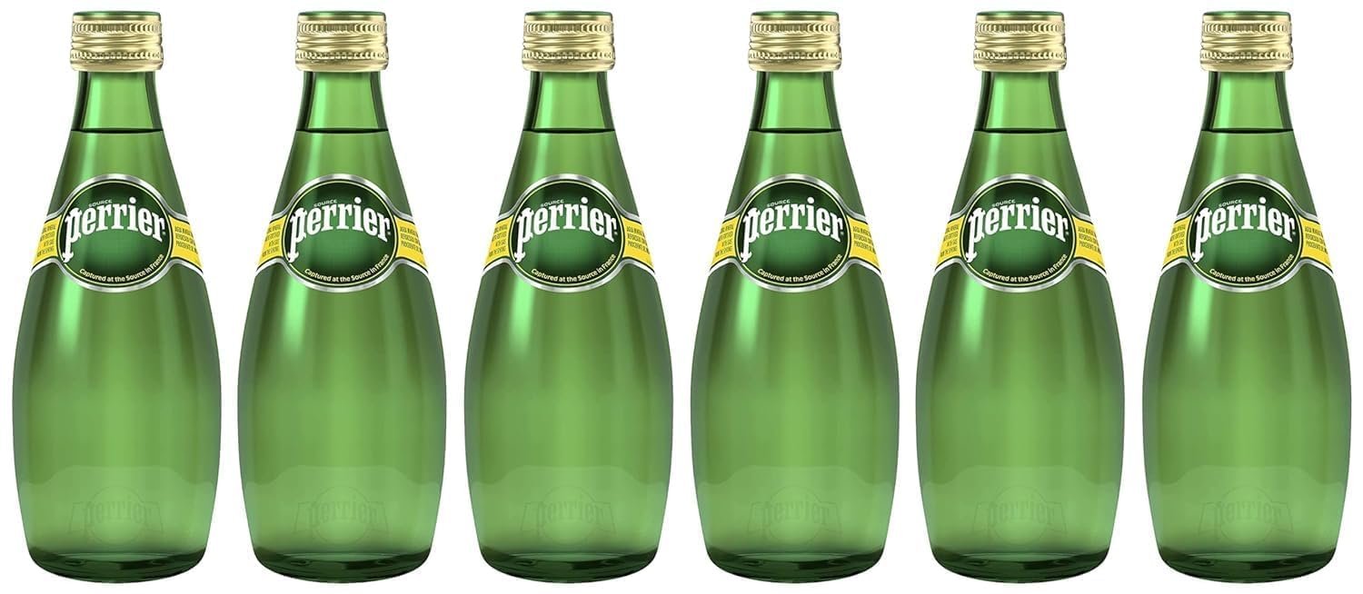Perriers Sparkling Natural Mineral Water, Glass Bottles, 330ml Pack of 6