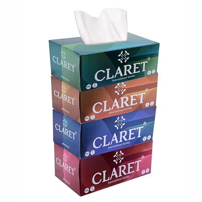 Claret 2-Ply Facial Tissue | Makeup Removal Tissue Wipes | Tissue Paper Holder For Office Desk | Car Accessories | 200 Pulls Each |Pack of 4