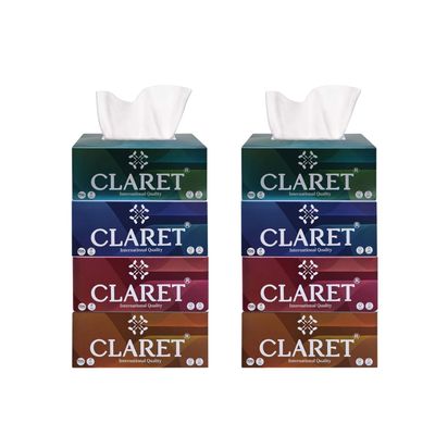 Claret 2-Ply Facial Tissue | Makeup Removal Tissue Wipes | Tissue Paper Holder For Office Desk | Car Accessories | 200 Pulls Each |Pack of 8