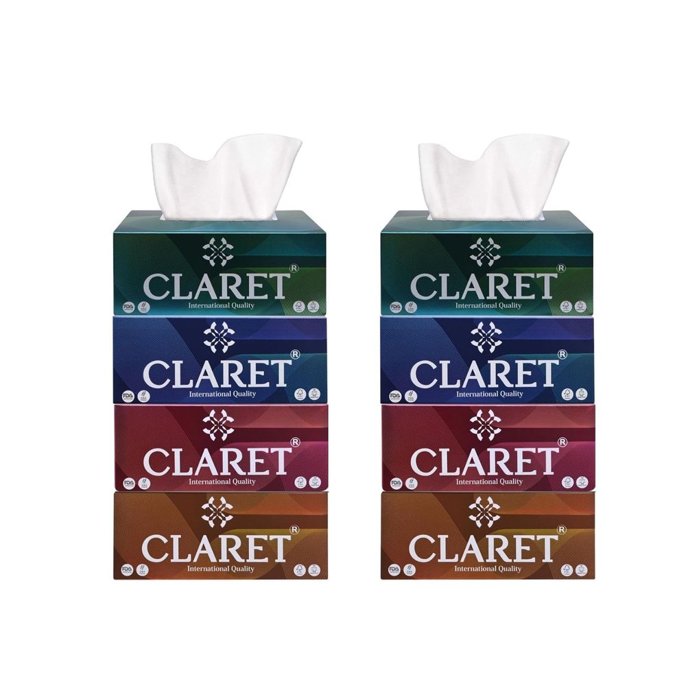 Claret 2-Ply Facial Tissue | Makeup Removal Tissue Wipes | Tissue Paper Holder For Office Desk | Car Accessories | 200 Pulls Each |Pack of 8