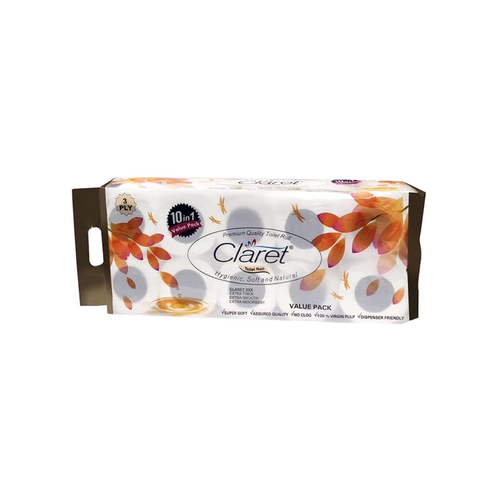 Claret 3-Ply Premium Qulity Toilet Roll | Each Roll 135 Pulls | Super Soft & Extra Absorbent | OBA Free (Pack Of 10)