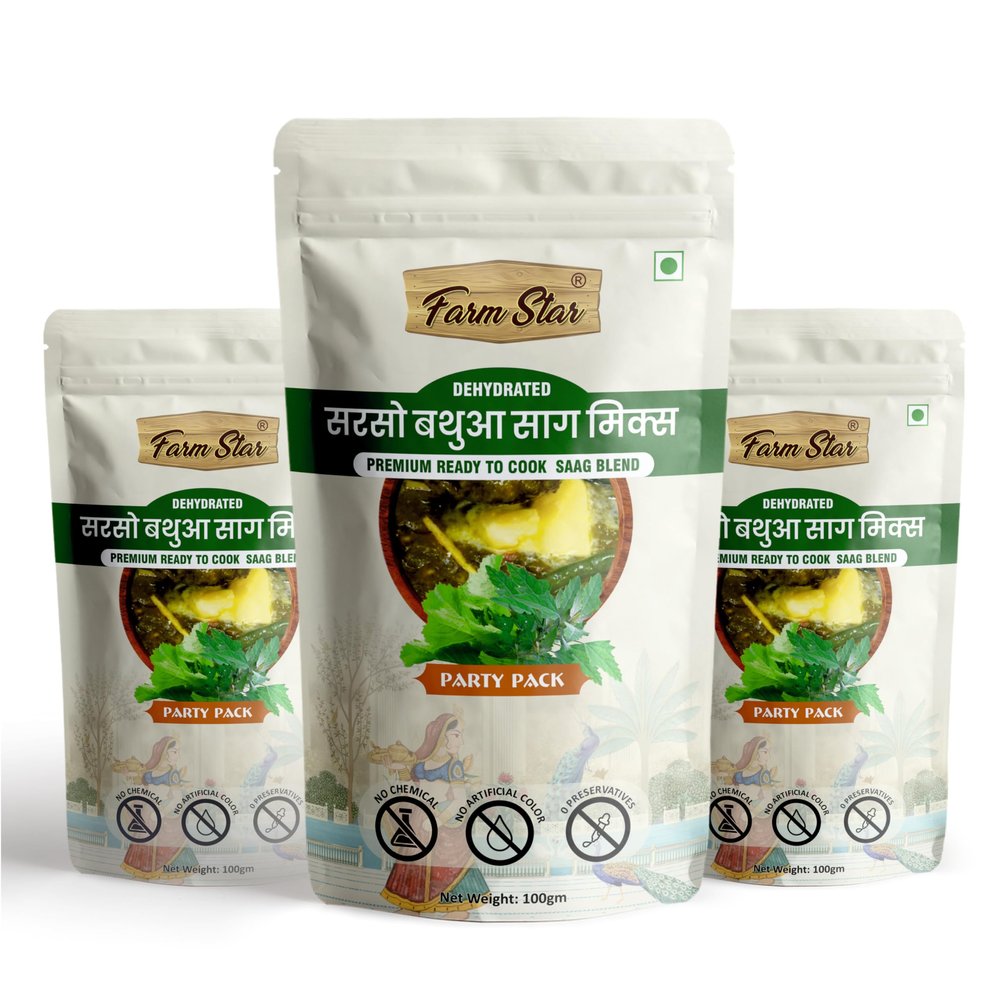 Dehydrated Sarson Bathua Saag Mix-3 x 100gm  Dehydrated Mustard & Bathua Leaves  Instant & Authentic Taste of Punjabi Saag | Off-Season Saag | Easy to Cook | | Pack of 3